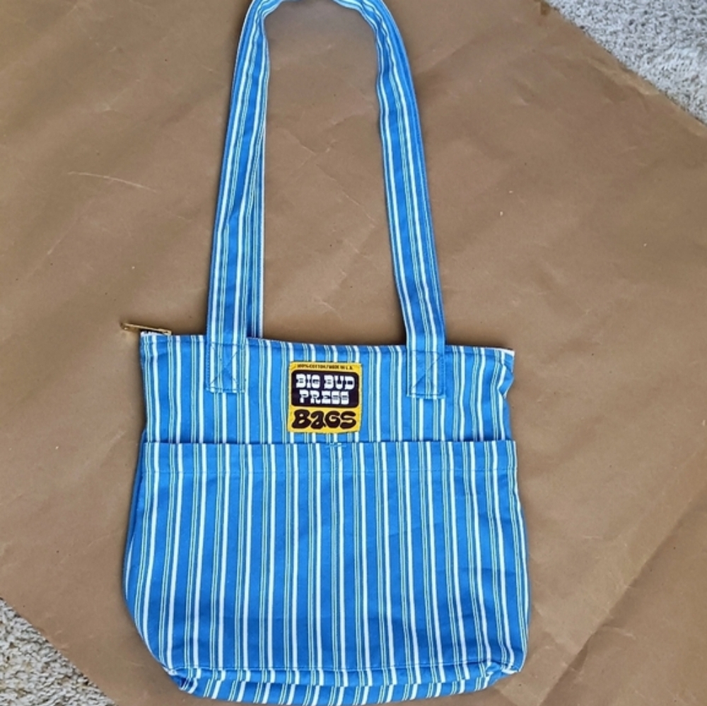 Big Bud Press Stripe Tote Purse Bag Blue White Zipper